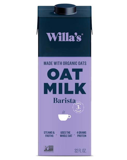Willa's Organic Barista Oat Milk 50% Less Sugar, Non-GMO, Shelf Stable, Non-Dairy,
