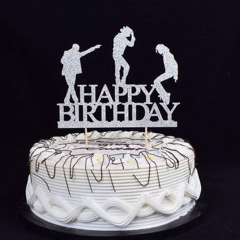 Glitter Happy Birthday Cake Toppers - Silver Birthday Party Decoration Supplies with Happy Birthday Cake Bunting