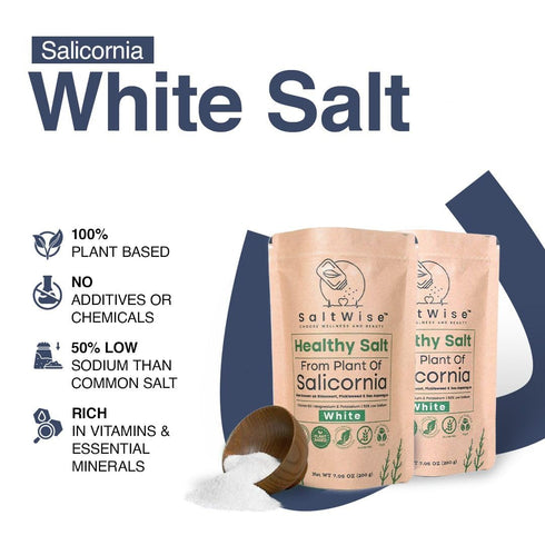 100% (7.05 (Pack 2)) SaltWise Salicornia White Salt Low Sodium Salt Substitute, Plant-Based Mineral Salt, Kosher