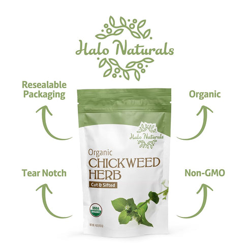 Halo Naturals 4 Packaged Organic Chickweed Herb Cut & Sifted, Ounces (Stellaria media) USDA Certified | Resealable