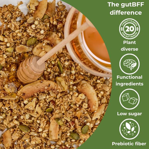 gutBFF 5g 9 oz Low Sugar Granola Gluten Free Healthy Granola with Lions Mane Mushroom & Baobab Superfruit for Gut