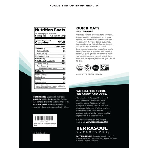 2.5 Lbs, (Pack 2) Terrasoul Superfoods Organic Instant Quick Oats, Premium Grade, Non-GMO, Gluten-Free Breakfast