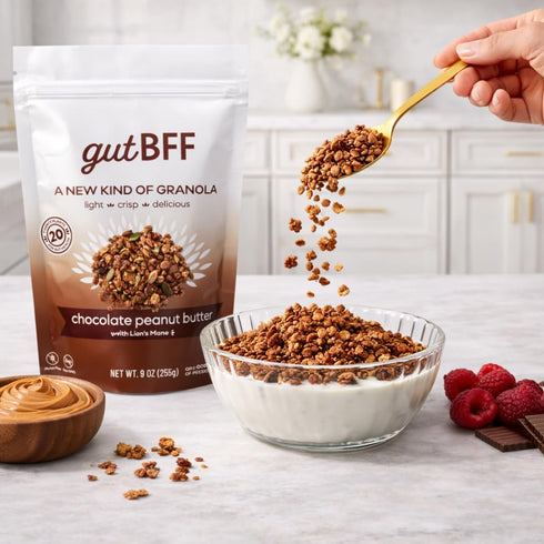gutBFF 5 9 oz Low Sugar Granola Gluten Free Healthy Granola with Lions Mane Mushroom & Baobab Superfruit for Gut Health