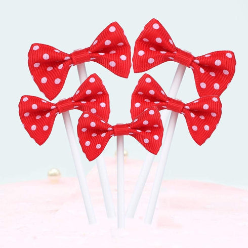 NMAS Bowknot Cupcake Topper 20 PCS Red with Dots for Children's Birthday Baby Shower Party Cake Decoration
