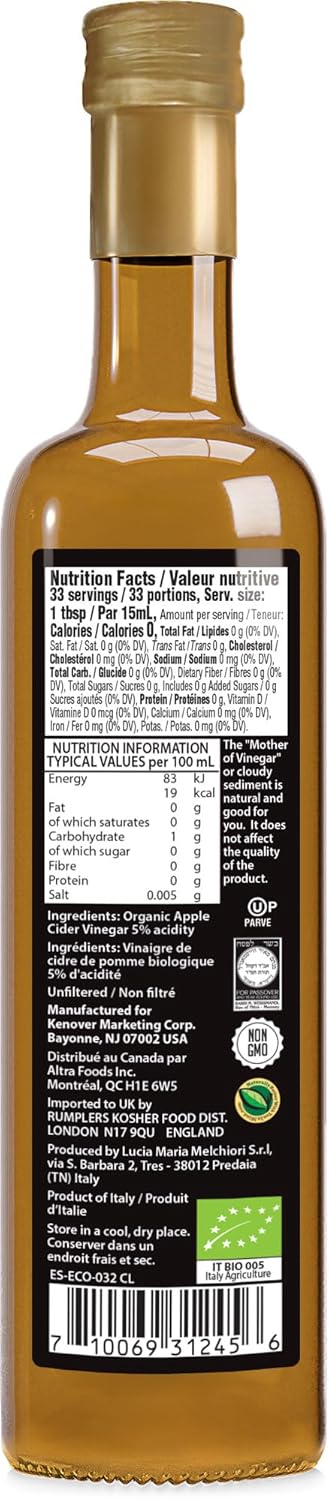 16.9oz, Tuscanini Italian Organic Unfiltered Apple Cider Vinegar with the Mother, Premium Quality, Certified Kosher