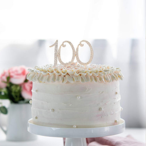 100 Years Birthday Cake Topper, Crystal Rhinestone 100th Wedding Anniversary or 100 Years Old Party Decoration Gold