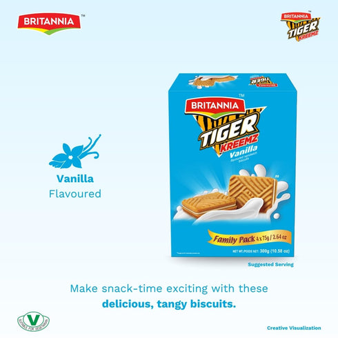 Pack (10.58 oz)300gm(75 4) Britannia Tiger Kreemz Vanilla Cream Biscuits | Family | *