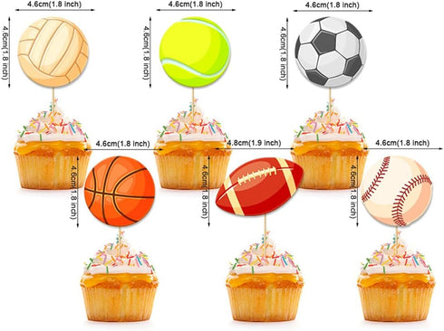 Morndew 24 PCS Sports Fan Cupcake Toppers - Basketball, Baseball, Soccer, Volleyball for Theme Party Decorations