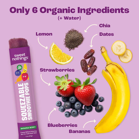 Pack 24 Sweet Nothings, Banana Berry, USDA Organic Kids' Squeezable Fruit Smoothie Popsicle Pops, Value of - Dye-Free