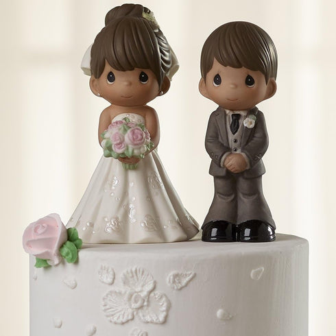 Precious Moments Perfect Couple Bride Figurine - Brunette Hair, Medium Skin Tone, Bisque Porcelain Wedding Cake Topper,