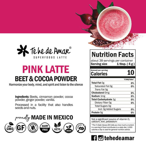 TE HE DE AMAR 5.3 oz (150g) 38 PINK LATTE | BEETROOT & COCOA | Powder mix to prepare tea lattes DELICIOUS, INDULGENT