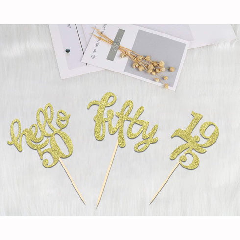 24 Pcs Gold Glitter 50th Birthday Cupcake Toppers for 50th Birthday Party Celebrating Decorations