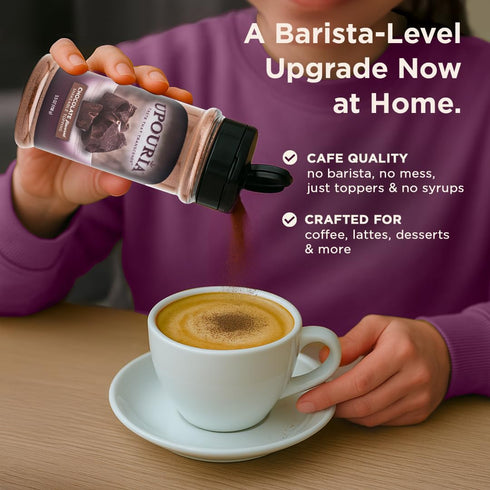 5.5oz Upouria Chocolate Flavored Shakable Topping, Finishing Sugar for Coffee, Lattes, Hot Chocolate, Desserts, Gourmet
