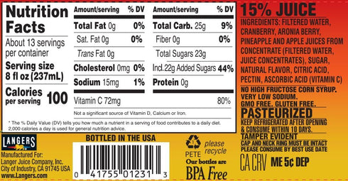 101.4 Oz (Pack 4) Langers Cranberry Pineapple Juice Cocktail, Fl