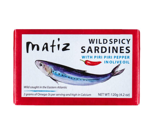 Matiz Spicy Wild Spanish Sardines in Olive Oil and Piri Piri Pepper,
