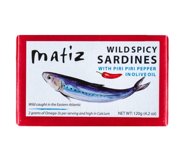 Matiz Spicy Wild Spanish Sardines in Olive Oil and Piri Piri Pepper,