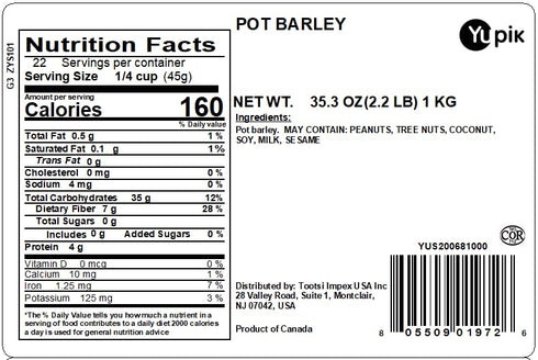 2.2 lb (35.2 oz), Yupik Pot Barley, Non-GMO, Kosher, Vegan, Raw, Whole Grains, Sugar-Free, Salt-Free, Excellent Source