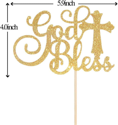 WeBenison God Bless Cake Topper, Gold Glitter for First Communion Baby Shower Party Decorations