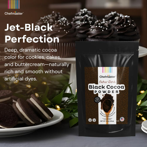 16 oz Black Cocoa Powder by Chefmaster, Extra Dark Dutch-Processed Cocoa Powder for Baking, Cookies, Cakes, & Icings;
