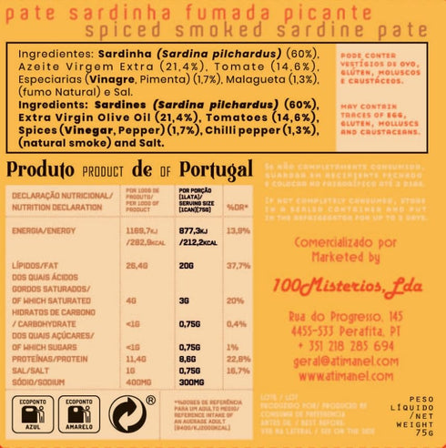 Ati Manel Omega-3 8 75g Portuguese Smoked Spiced Sardine Pate | B Vitamins, | Tinned Seafood by | x Cans