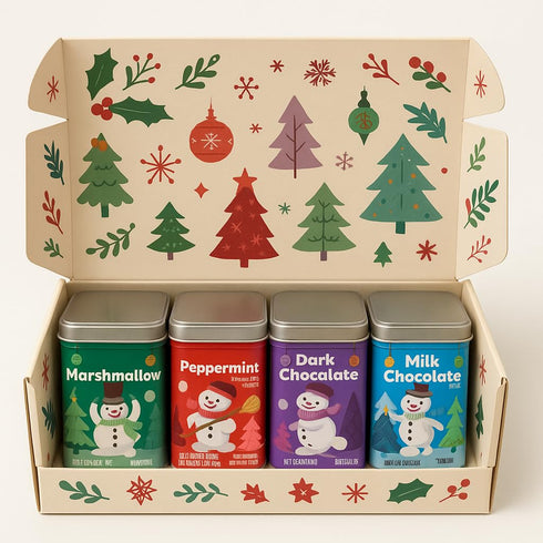 Generic Set, 4 6.9 oz Holiday Hot Cocoa Gift Decorative Tins with Milk Chocolate, Marshmallow, Peppermint, Dark
