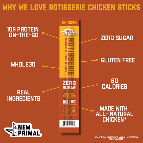Whole30 10g 5 Count New Primal Rotisserie Chicken Sticks, Zero Sugar High Protein Snack, Gluten Free Healthy Snacks