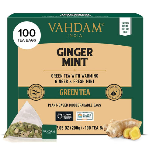 VAHDAM, Ginger Mint Green Tea Bags (100 Count) High Grown Green Tea
