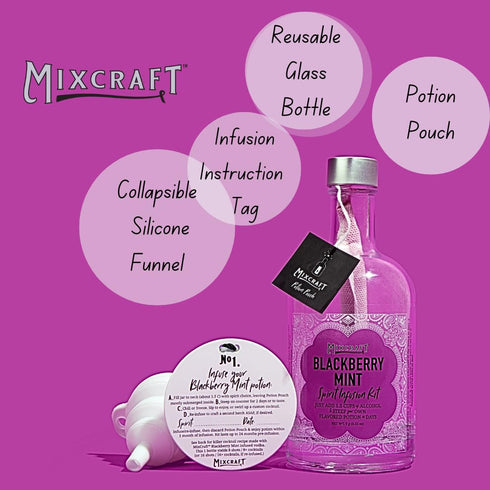 MixCraft Spirit Infusion Kit - Premium Craft Cocktail & Mocktail Mixer, Glass Bottle, Collapsible Funnel, Flavor Pouch & Recipe, Blackberry Mint