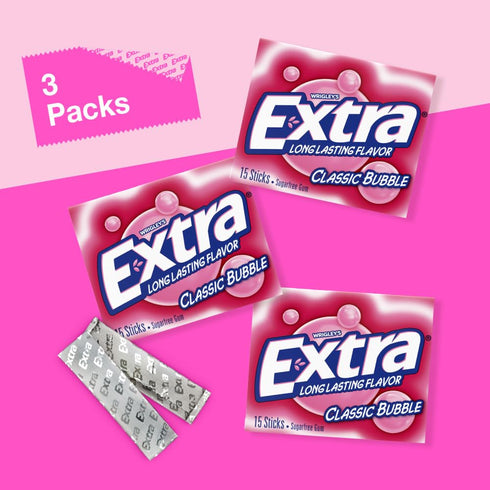 EXTRA Classic Bubble Sugar Free Chewing Gum, 15 Sticks, 3 Pack