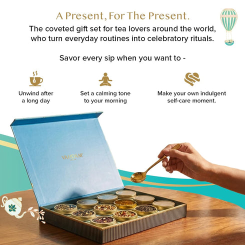 Set (12 Set VAHDAM, Bloom - Assorted Tea Gift Loose Leaf Tea) Tin Caddy Presentation Box | Gluten Free, Non GMO | Tea