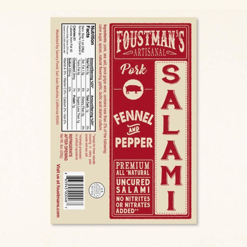 8 Oz Foustman's Salami Fennel and Pepper Pork Artisanal, Nitrate-Free, Naturally Cured, Gluten-Free, Dairy-Free, Sticks
