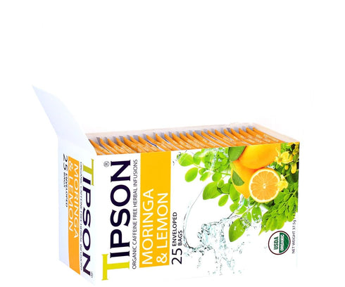 Tipson Organic Moringa Caffeine Free Herbal Tea, Lemon Flavor, 25 Premium Double Chambered Bags