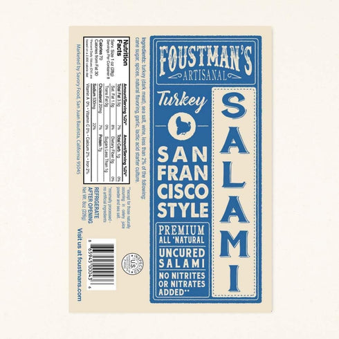 7 Oz Foustman's Salami Turkey San Francisco Style Artisanal, Nitrate-Free, Naturally Cured, Gluten-Free, Dairy-Free, No