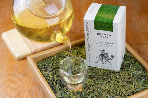 Silk Road Teas Longjing Dragon Well Organic Green Tea, Wok-Fired Leaves, Toasty Flavors, 15 Tea Bags