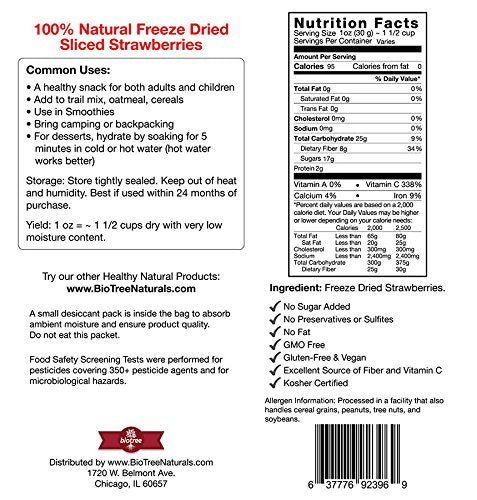 BioTree Labs Freeze Dried Sliced Strawberries, 1.5 oz Pack, 100% Natural for Healthy Snacks