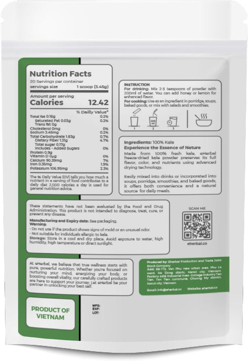 100% 2.43 oz eHerbal Freeze Dried Kale Powder Powder Superfood Non-GMO, Nutrient-Rich Greens for Smoothies, Juices
