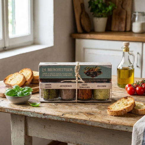 Set, 1.3 oz Pack 4 ARTIGIANI DEI SAPORI - Bruschetta each, Tomato Chopped, Artichokes, Sun-Dried Tomato, Smooth