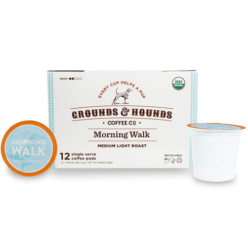 Grounds & Hounds Single Serve Organic Coffee Pods, Medium Roast K Cups, Morning Walk Blend, 12 Count