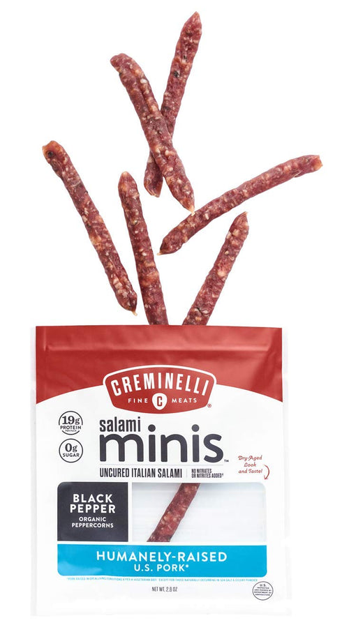 19g 2.6oz Creminelli Black Pepper Salami Mini Snacks, Humanely-Raised U.S. Pork, Keto & Paleo Friendly, of Protien