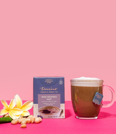 Teeccino Macadamia Nut Prebiotic SuperBoost™ Herbal Tea - Digestive Dessert Tea with Vegan GOS & Organic XOS, 25 Tea