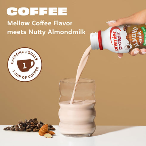 20g 5g 11.5 oz, 12 Count Premier Protein Non-Dairy Plant Based Almondmilk Protein Shake, Coffee with Caffeine
