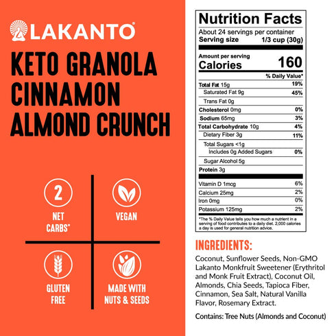 (25 Oz) Lakanto Cinnamon Almond Crunch Granola - Monk Fruit Sweetener, Delicious Snack, Quick Breakfast Cereal, Keto