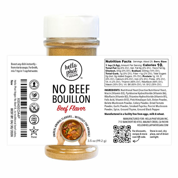 Hella Phat Vegan No Beef Bouillon Powder - Lower Sodium, Rich Flavor,