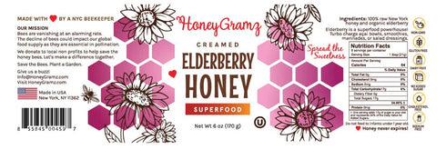 HoneyGramz 3 Pack 5.5 oz Packed Organic Elderberry Honey - Raw and Kosher Creamed Honey and Organic Elderberry in a