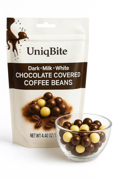 UNIQBITE Chocolate Covered Coffee Beans, 4.4 Oz, Mixed Chocolate Dragees with Whole