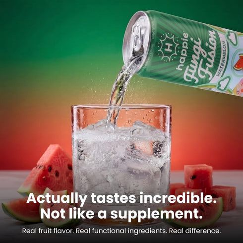 (900mg), (6 Pack) Happie Fungi Fusion Watermelon Sparkling Mushroom Drink with Lion's Mane Cordyceps & Reishi