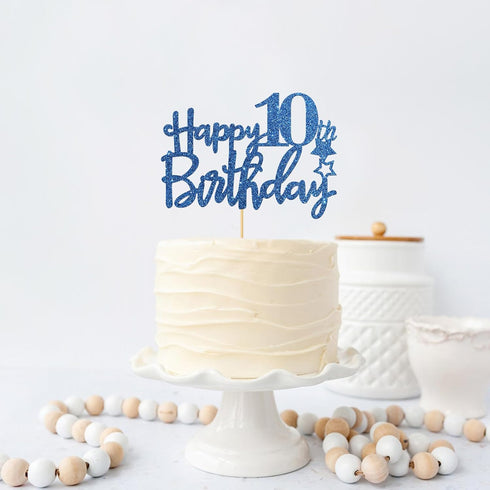 Royal Blue Glitter Happy 10th Birthday Cake Topper, Cheers to 10 Years Party Supplies