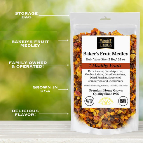 (2 lbs) Traina Home Grown Bakers Dried Fruit Medley - Raisins, Apricots, Peaches, Nectarines, Pears, Sweetend