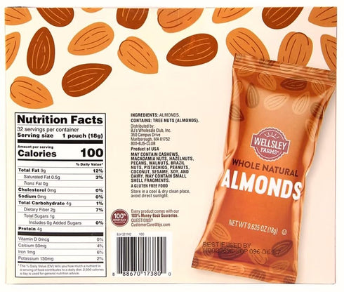 Wellsley Farms 100 Packs, 32-Count Packs. Calorie Almond Snack Gluten-Free, Kosher, Non-GMO, Convenient Single-Serve No