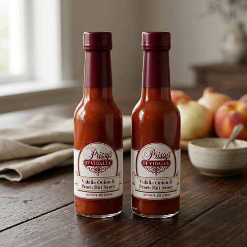 5 Oz (Pack 2) Prissy's Vidalia Onion & Peach Hot Sauce, Award-Winning Gourmet Blend, Bottle